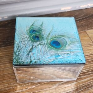 Peacock Mirror Glass Velvet Jewelry Trinket Box Blue Green Feathers